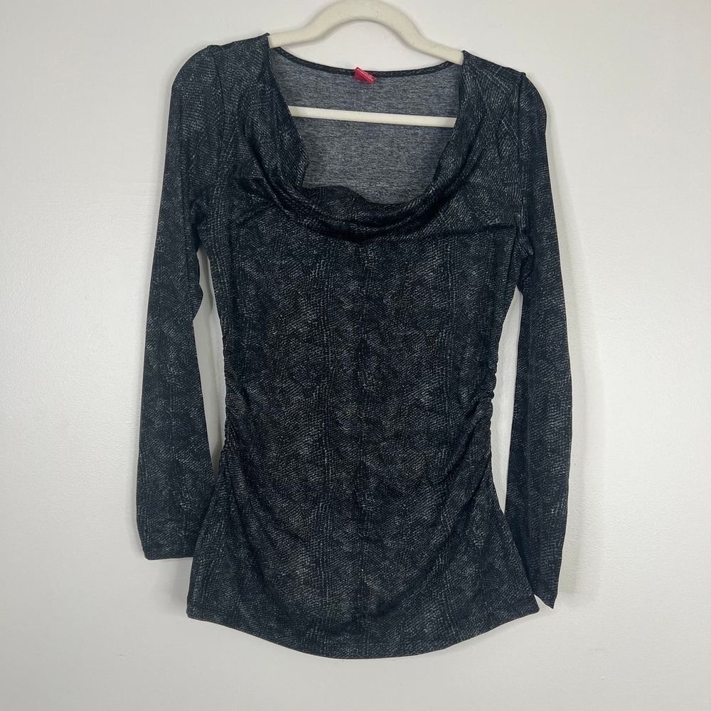 Three Dots Snake Print Ruched Side Cowl Neck Long Sleeve Stretchy Blouse Top